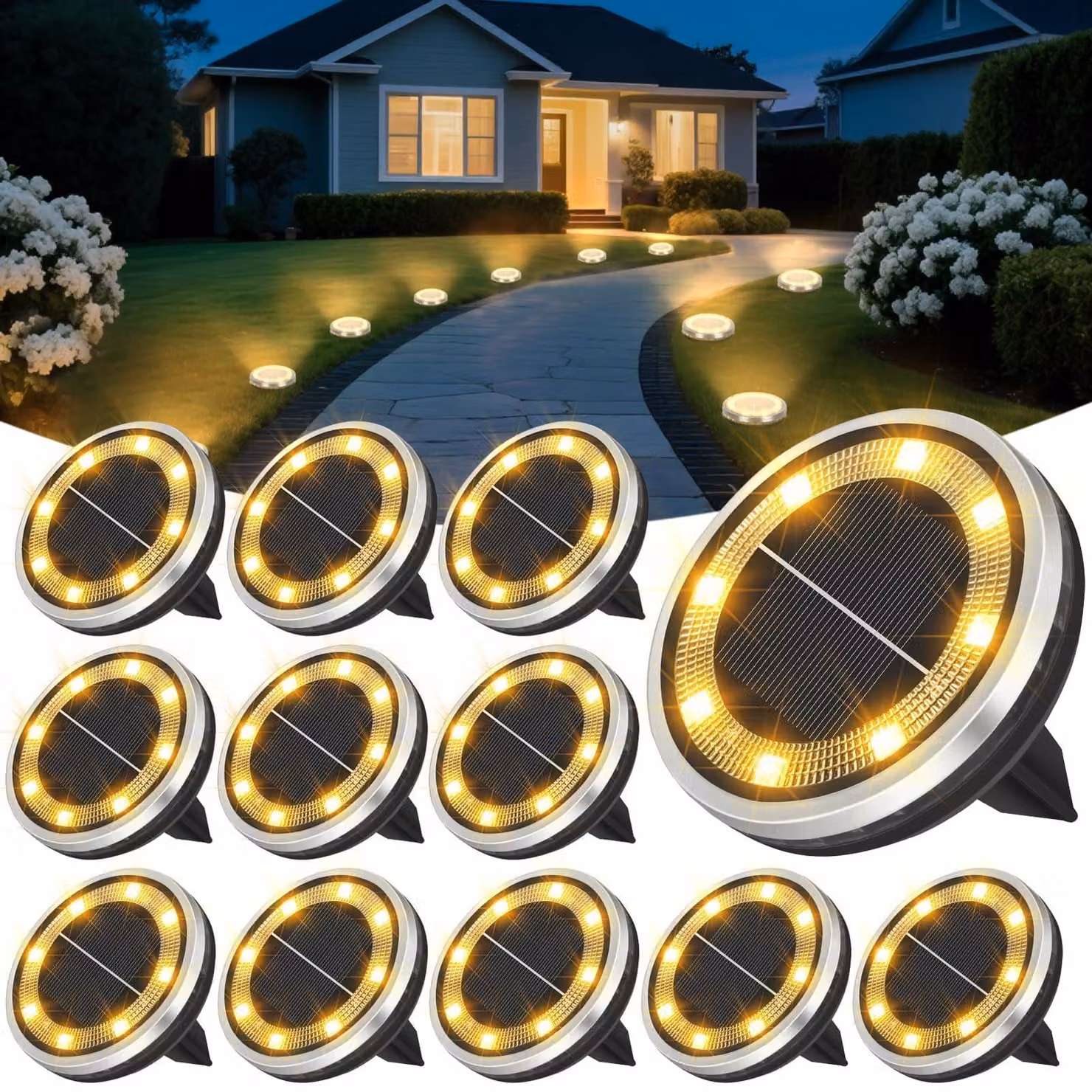 Luci da giardino solari, 12 pezzi, luce bianco caldo, impermeabili, a forma di disco
