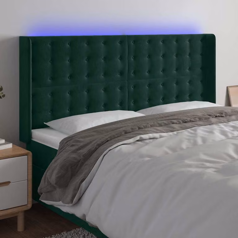 Testiera con LED e porta USB vidaXL in velluto verde scuro, L: 183 cm, P: 16 cm, H: 118/128 cm