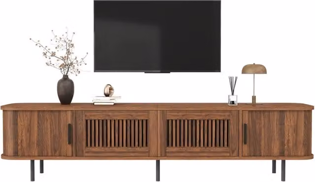 Mobile TV con ante scorrevoli e cassetti a griglia, illuminazione LED app, maniglie e piedi in ferro, design arrotondato