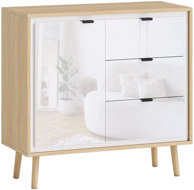 CREDENZA MODERNA CON 3 CASSETTI E ARMADIETTO, RIPIANO INTERNO REGOLABILE E ANTE LUCIDE, BIANCO E ROVERE
