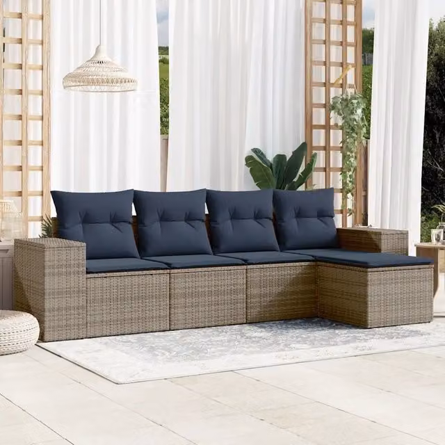 Set di Divani da Giardino a L vidaXL in Polyrattan con Cuscini Blu e Grigio