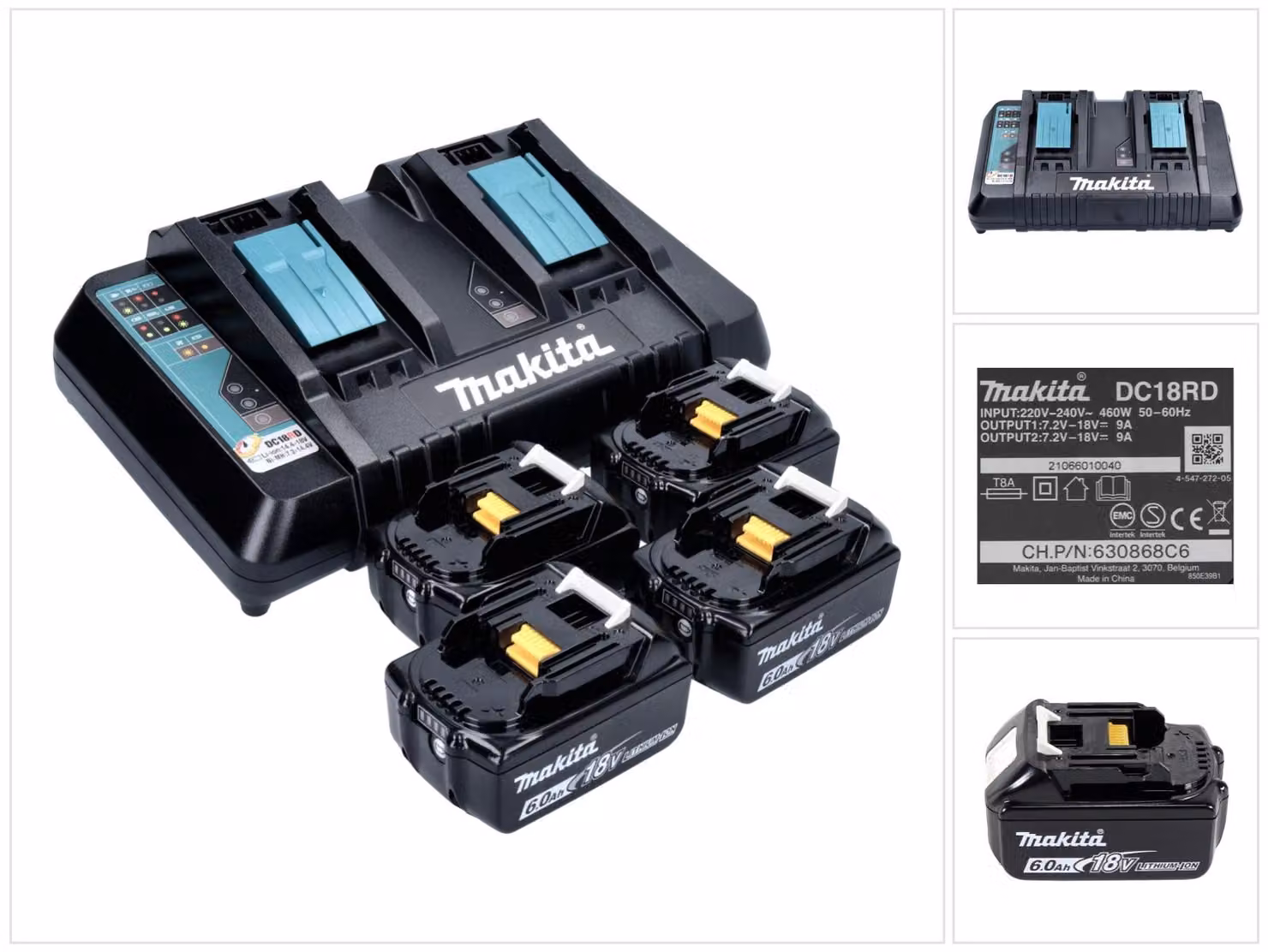 Set di 2 batterie Makita BL1860B 6.0Ah 18V + caricatore rapido doppio DC18RD (196933-6)