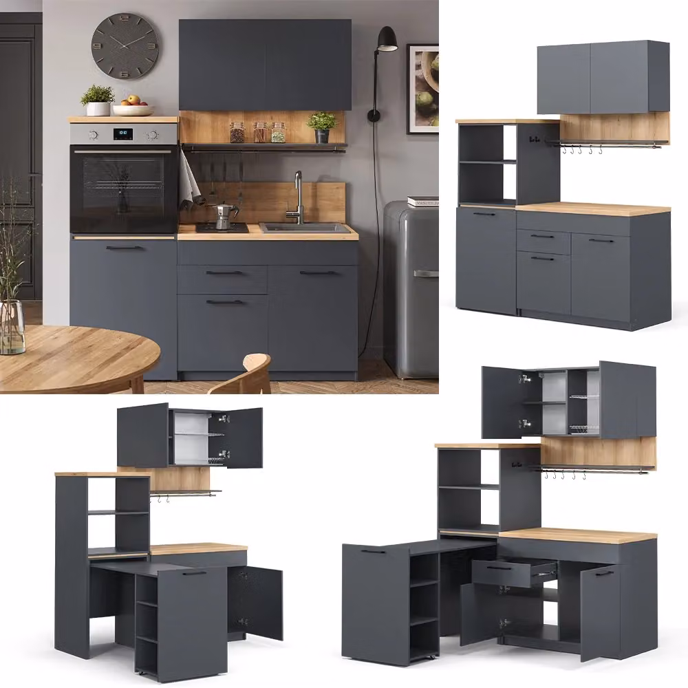 Cucina singola Vicco Egbert Antracite e Rovere con tavolo allungabile e striscia LED integrata L: 160 cm – 2