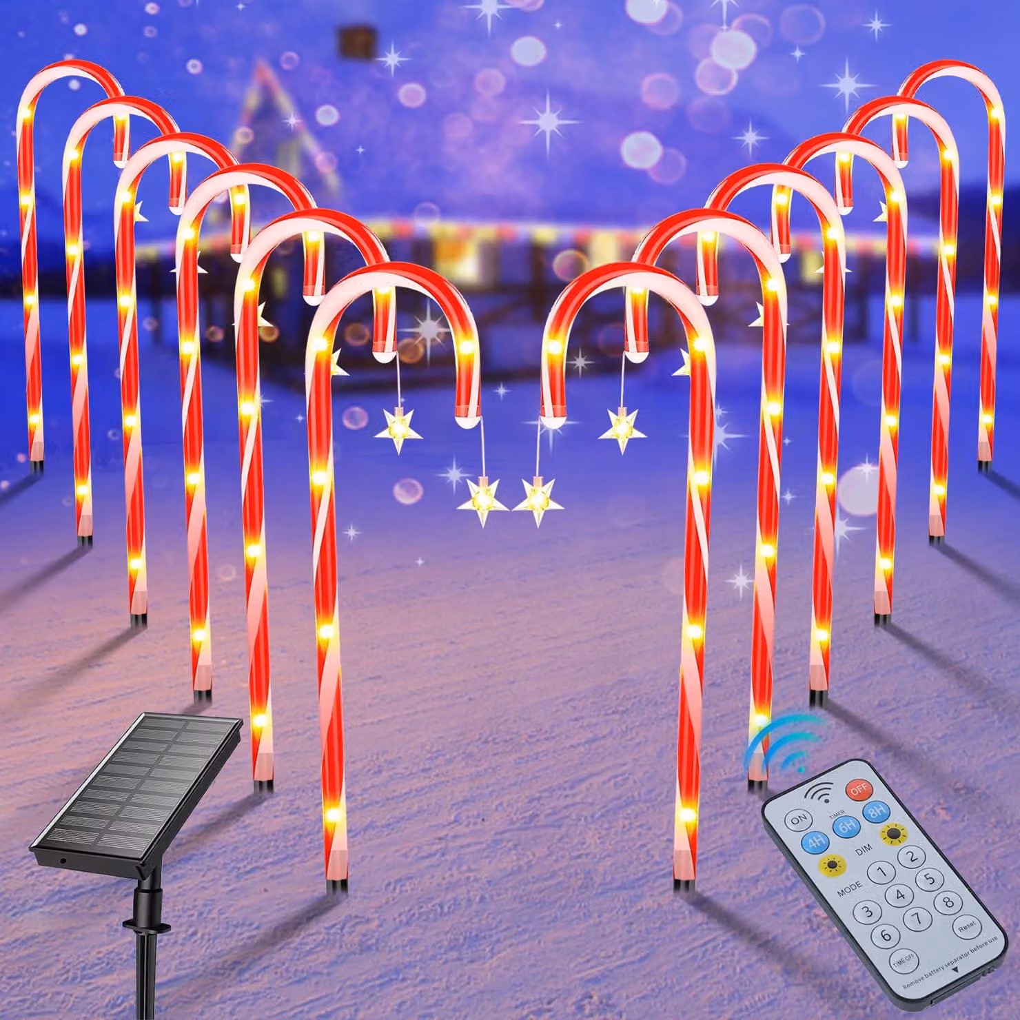 Catena luminosa a energia solare a forma di bastoncini di zucchero, confezione da 12 pezzi, 72 LED, 8 modalità
