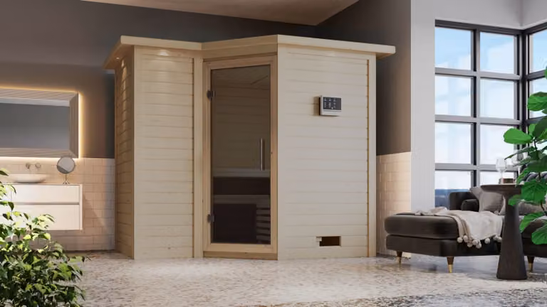 Cabina Karibu sauna interna Sahib Sauna interna 3 panche in legno con finitura naturale Cabina sauna Spessore parete: 40 mm Sauna a infrarossi