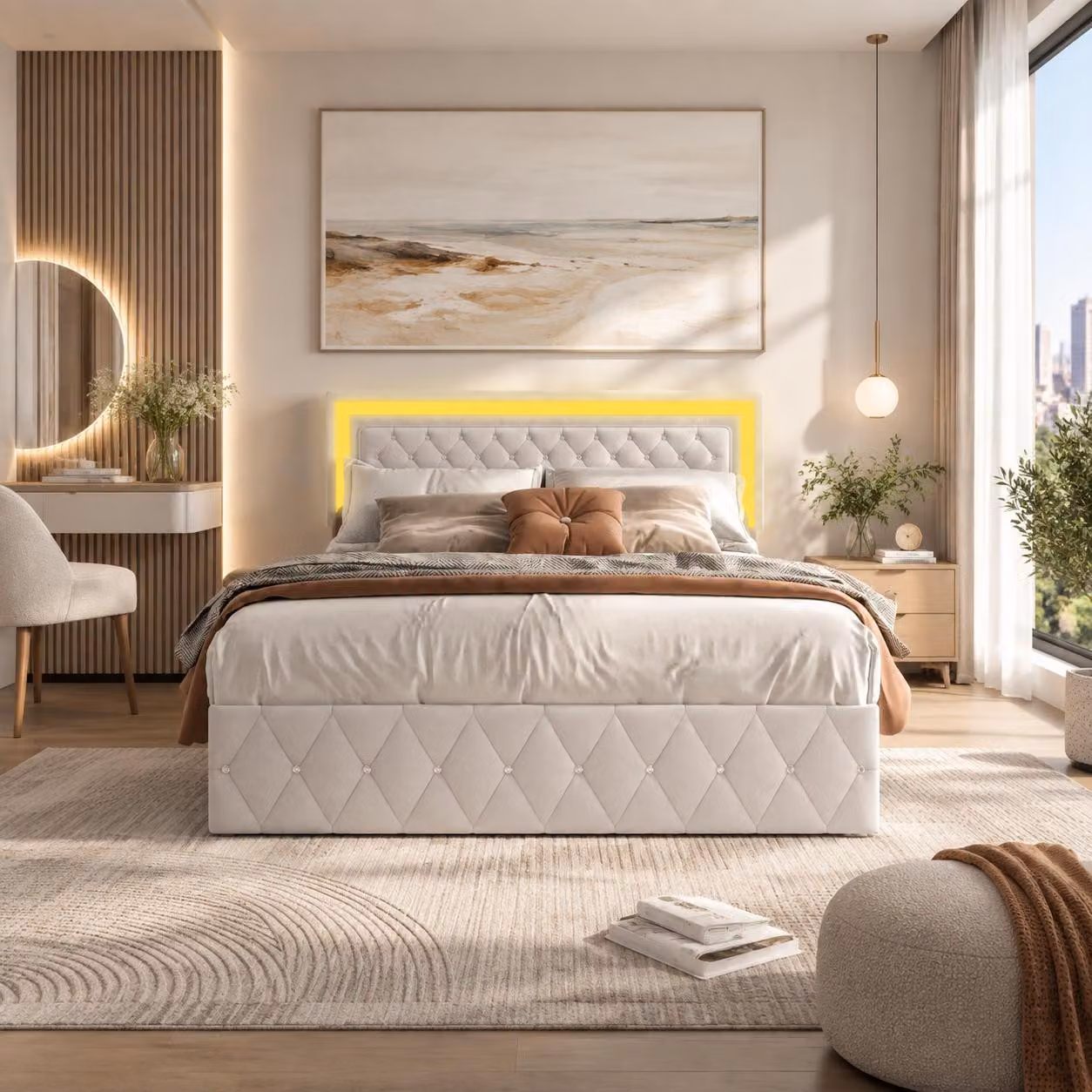 Letto idraulico imbottito INONEFT, 140x200 cm, con illuminazione a LED, letto per ragazzi con poggiatesta regolabile in altezza, struttura del letto con rete a doghe, tessuto velluto color beige