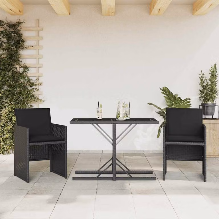 Set da Bistrò vidaXL in Polyrattan Nero con Cuscini e Piano in Vetro per Giardino e Balcone