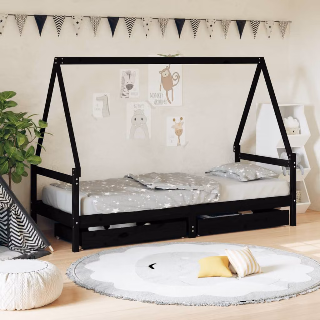 vidaXL Giroletto per Bambini in Legno di Pino Massello con Cassetti Nero L/P/H: 200 x 90 x 143 cm