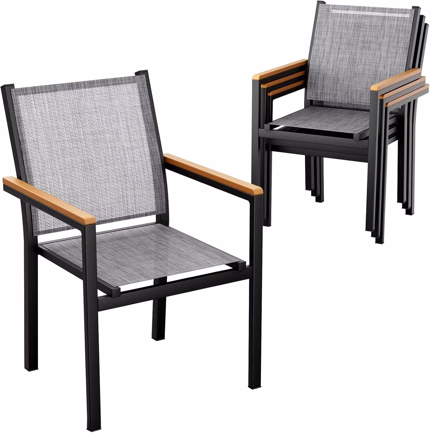 Sedie da giardino per esterni - Sedia da pranzo impilabile con braccioli - Set da 4 - Struttura in alluminio - Seduta in tessuto Textilene - Portata massima: 150 kg - Colore: grigio lino