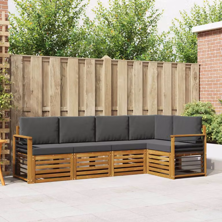Set di divani da esterno vidaXL a forma di L composto da 5 pezzi in legno di acacia con cuscini in poliestere resistente ai raggi UV, colore beige e antracite