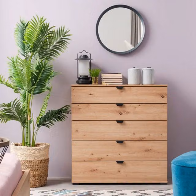 Cassettiera Mainarda con 5 cassetti in stile moderno, colore marrone rovere nodi, L: 90 cm, P: 40 cm, H: 95 cm