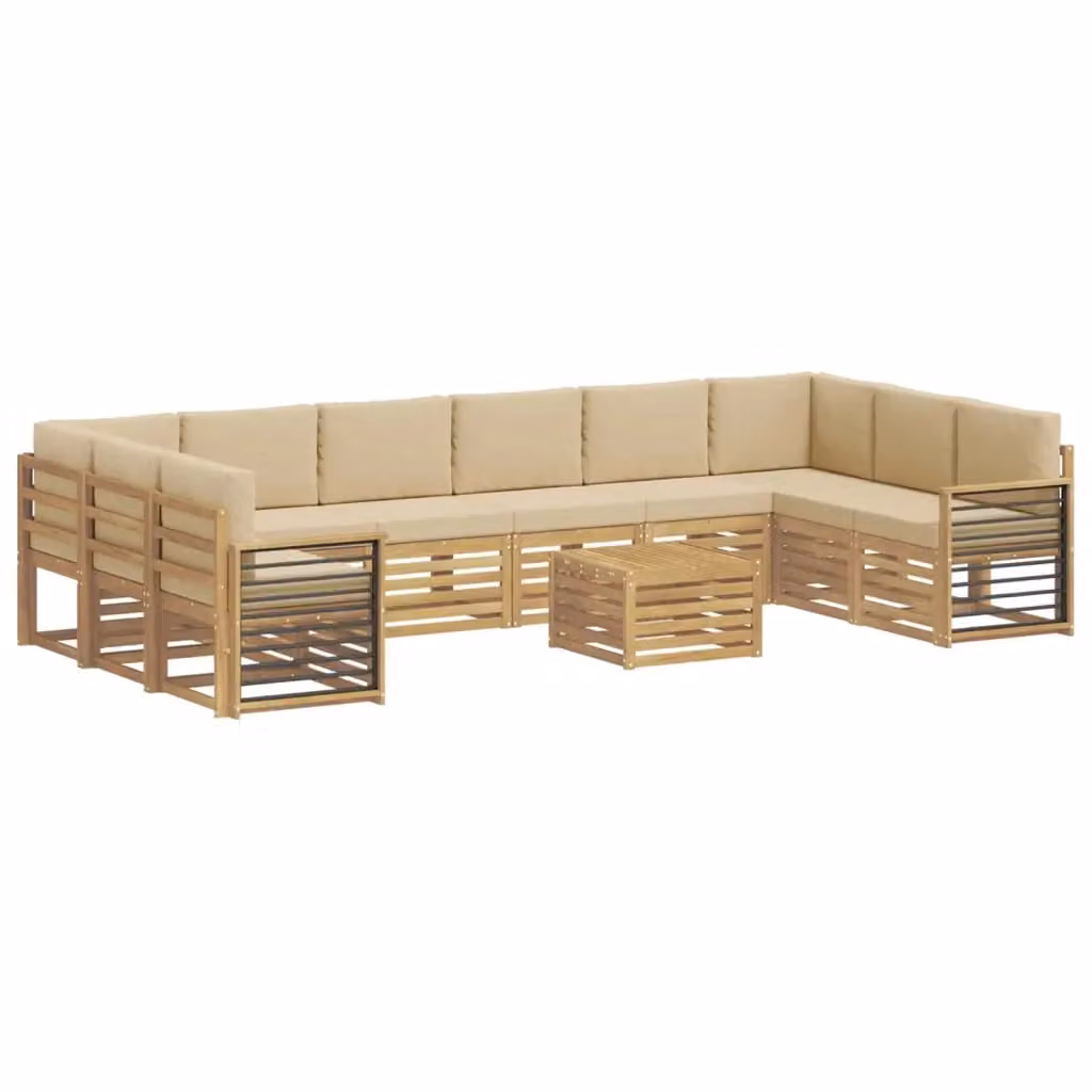 Set di divani da esterno vidaXL a forma di L composto da 11 pezzi con tavolino da caffè, in legno di acacia e tessuto bianco e beige – 2