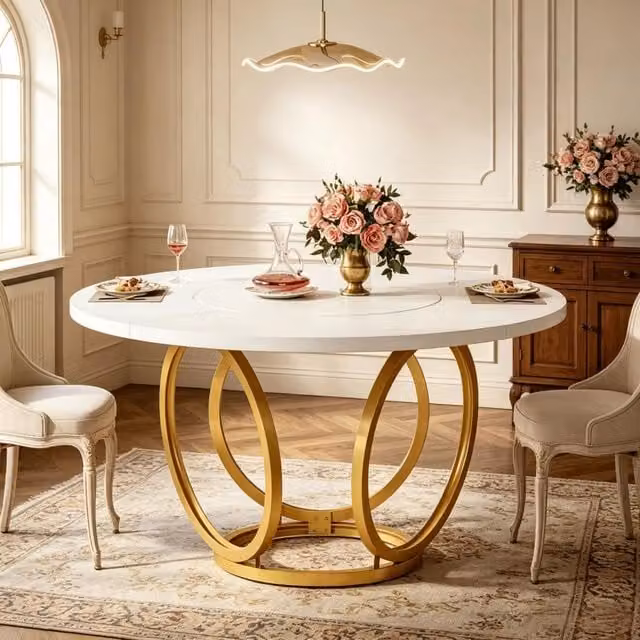 Tavolo da pranzo rotondo Mivray moderno con piano in MDF laminato e base geometrica in metallo bianco e oro, Diametro: 120 cm – 1