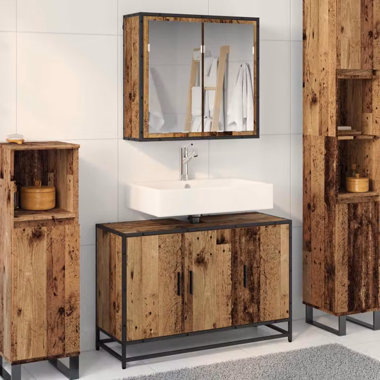 Set di mobili per il bagno vidaXL composto da mobile lavabo e armadietto con specchio in legno vecchio e metallo, marrone, L 90 cm x P 33 cm x H 60 cm