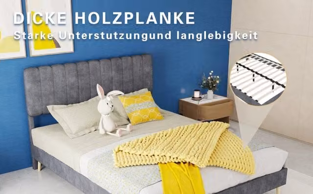 Letto imbottito moderno 140×200 cm in velluto olandese grigio con testiera morbida, base bassa senza contenitore, senza materasso