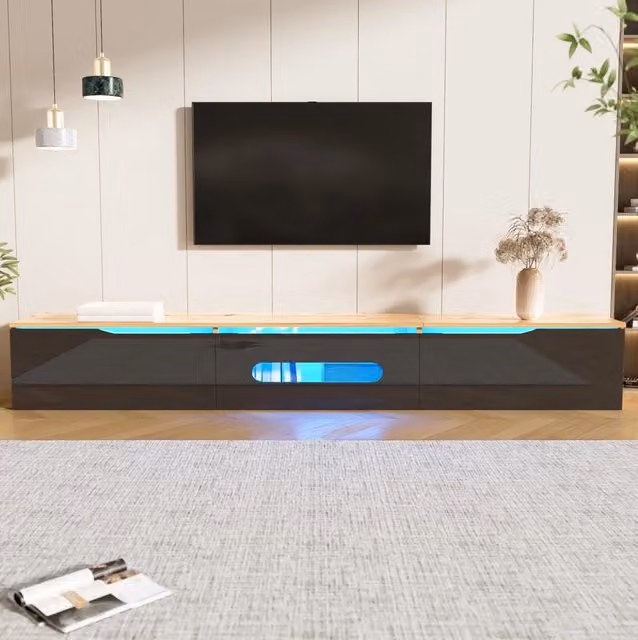 Mobile TV 180 cm con finitura lucida, LED RGB a 16 colori, montaggio a muro o a terra, nero e effetto legno