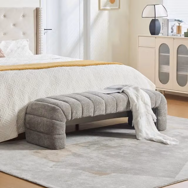 Panca imbottita moderna senza braccioli in ciniglia con trapuntatura a coste, chaise longue e poggiapiedi per soggiorno, camera da letto, ingresso, grigio