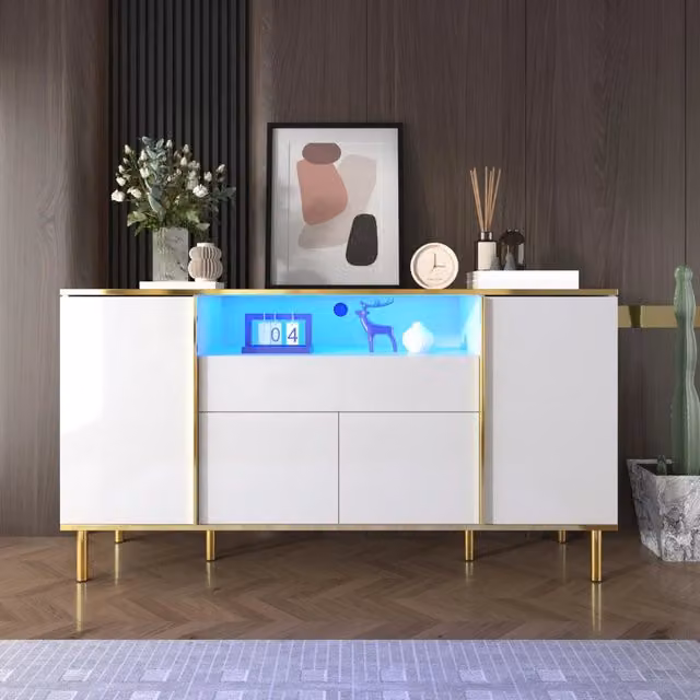 Credenza Bianca Lucida 150x40x80 cm Mobile Buffet con Luci LED 4 Ante e 1 Cassetto Dettagli Dorati