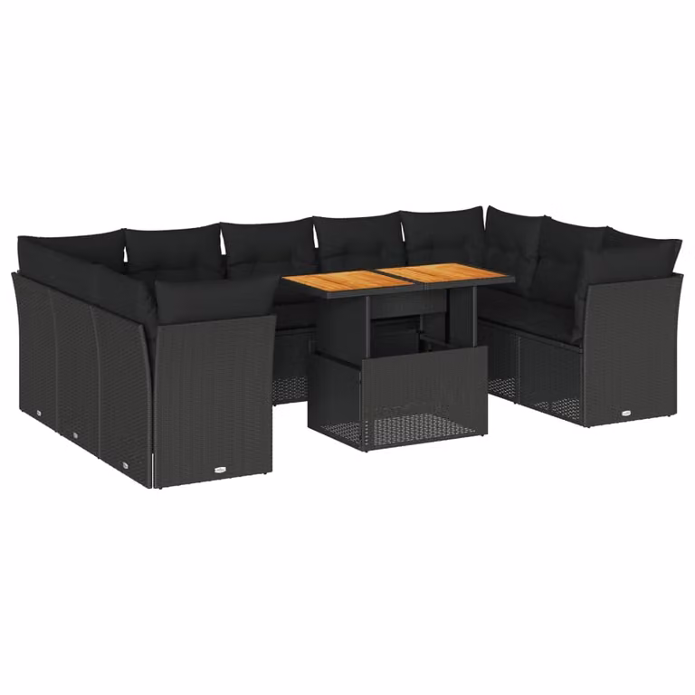 Set Divani da Giardino 10pz con Cuscini in Polyrattan Nero