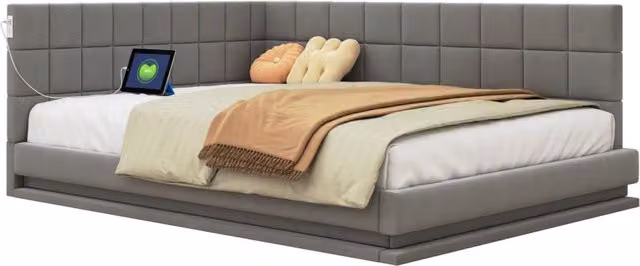 Divano letto 160x200 cm con LED RGB; USB e rete a doghe in tessuto di lino grigio