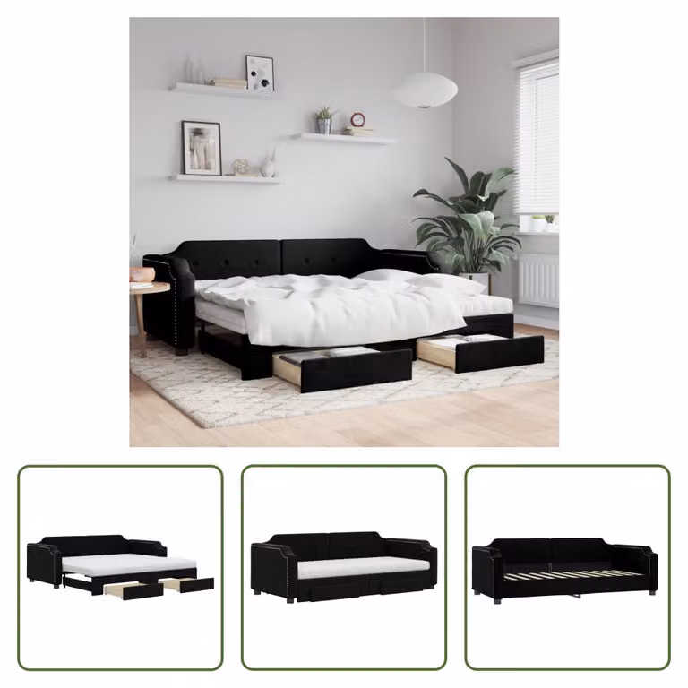 The Living Store Letto allungabile con cassetti nero 90x190 cm tessuto