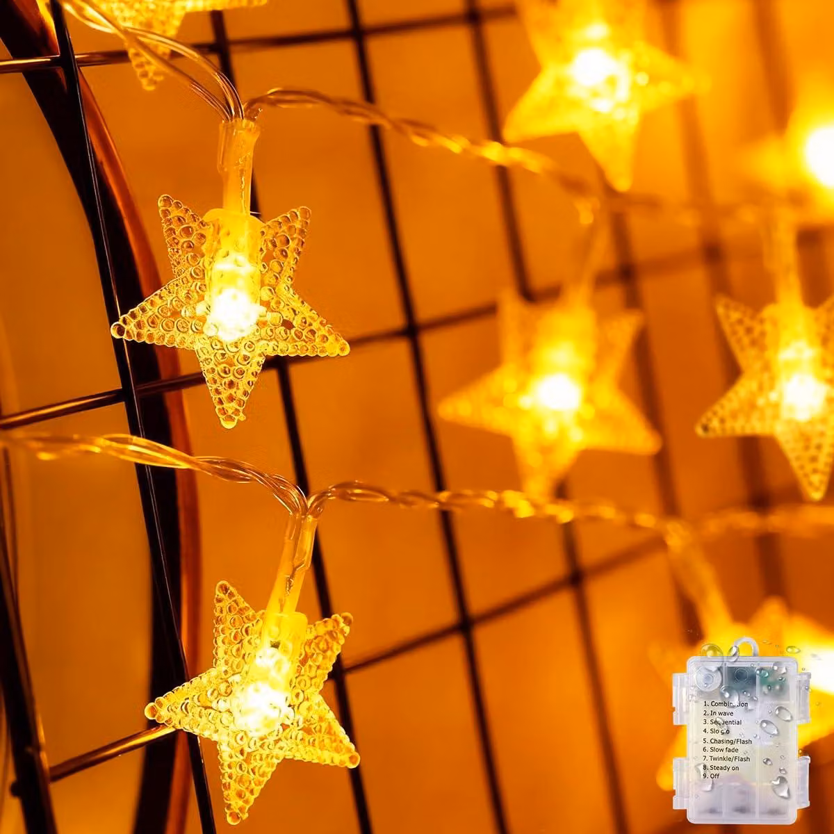 Catena luminosa con stelle, 6 metri, 40 LED, alimentata a batteria, luce bianco caldo