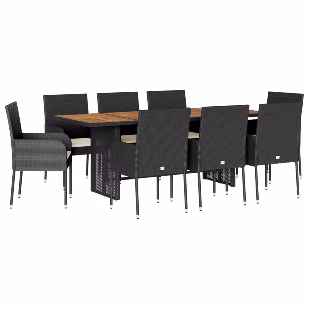 Set da Pranzo da Giardino 9 pz con Cuscini Nero in Polyrattan