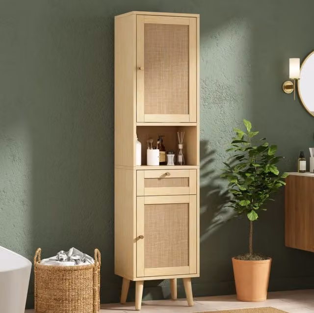Mobile bagno alto MODFU in MDF con ante in rattan e ripiani, color legno naturale beige e marrone, L: 40 cm, P: 30 cm, H: 166 cm