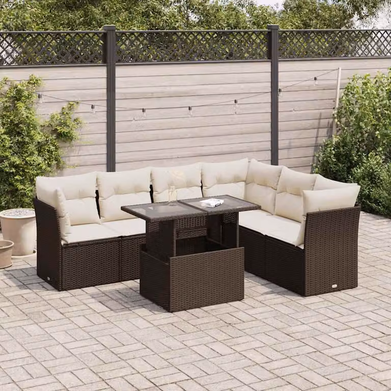 Set di divani da giardino vidaXL in polyrattan marrone con cuscini e tavolino da esterno a forma di L