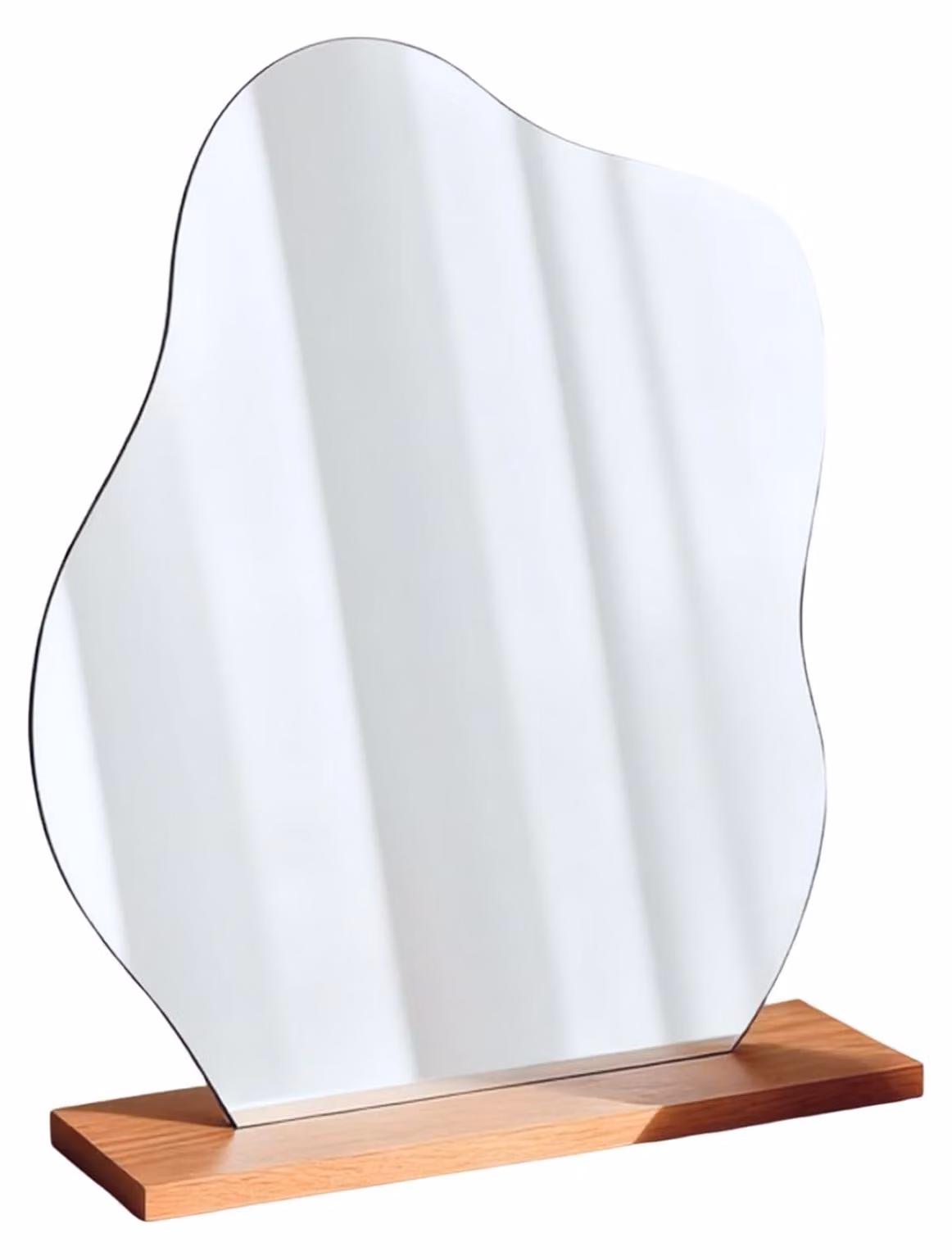 Specchio da trucco in acrilico, senza cornice, design irregolare, con base in legno, specchio da tavolo per la camera da letto