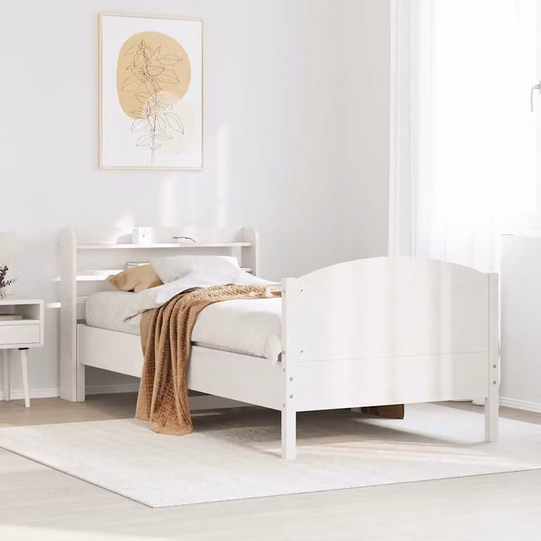 vidaXL Letto in Legno Massello di Pino Bianco con Doghe Fisse e Ripiani Laterali L: 75 cm, P: 190 cm