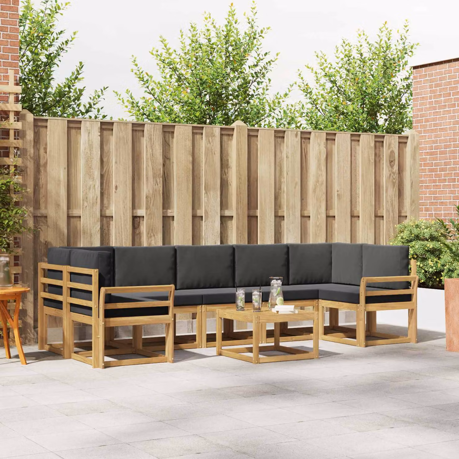 Set di divani da esterno vidaXL a forma di L in legno di acacia con cuscini, marrone e grigio