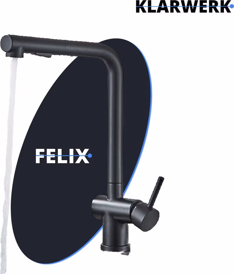 FELIX| Rubinetto estraibile da cucina Premium in acciaio inox nero opaco | miscelatore bocca dritta | rubinetto gastro alta pressione 360° 2 attacchi