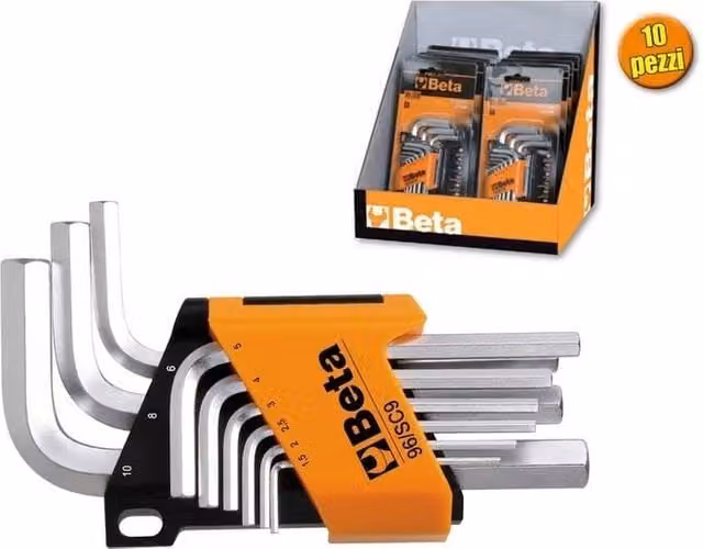 Set di 10 chiavi esagonali maschio Beta serie 96-SC9 in acciaio cromato con supporto in plastica nero e sistema di bloccaggio