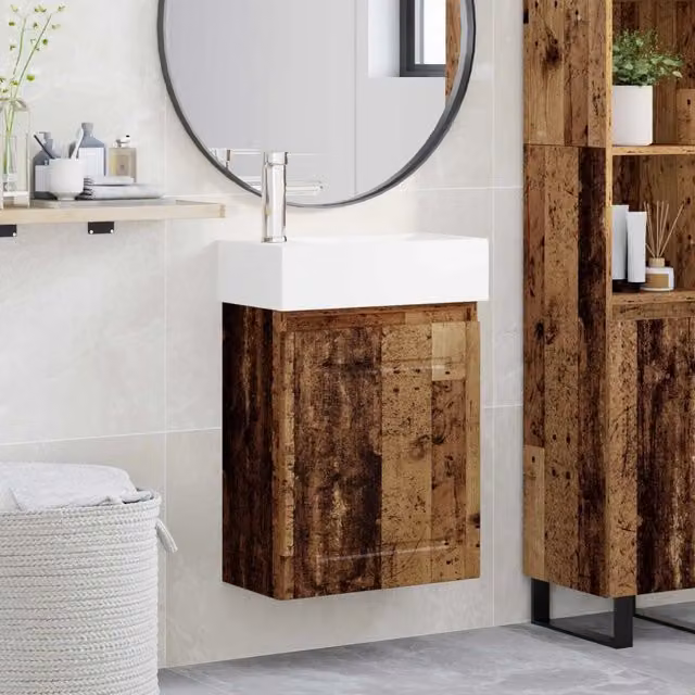 Mobile bagno sospeso vidaXL in legno bianco e marrone con rubinetto L/P/H: 45,5 x 22,5 x 84 cm