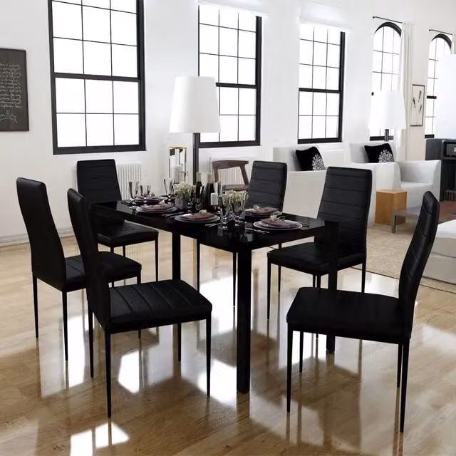 Set da pranzo moderno vidaXL composto da tavolo rettangolare in vetro e 7 sedie, colore nero, finitura lucida