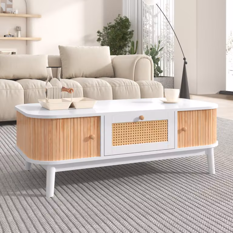Tavolino in rattan, tavolino con cassetti e ante pieghevoli in legno massiccio, gambe in legno massiccio 110 L x 55 L x 38,5 H (cm), bianco