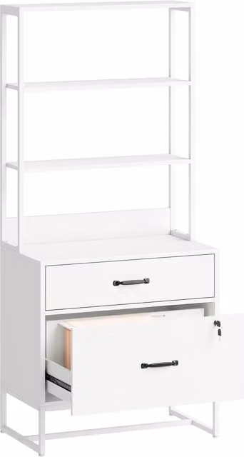 Mobile Archivio HOMCOM con Scaffale e 2 Cassetti, Piano per Stampante e Serratura, Bianco