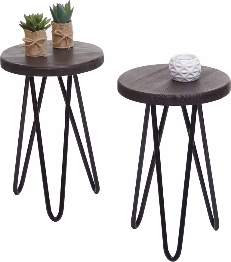 set di 2 tavolini HWC-A80, tavolino da letto, industriale in vero legno Ø25cm ~ marrone scuro
