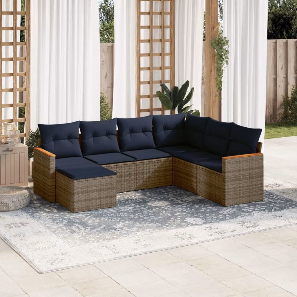 Set di divani da giardino vidaXL in polyrattan grigio con cuscini, componibile a L con pouf e struttura in acciaio rivestito