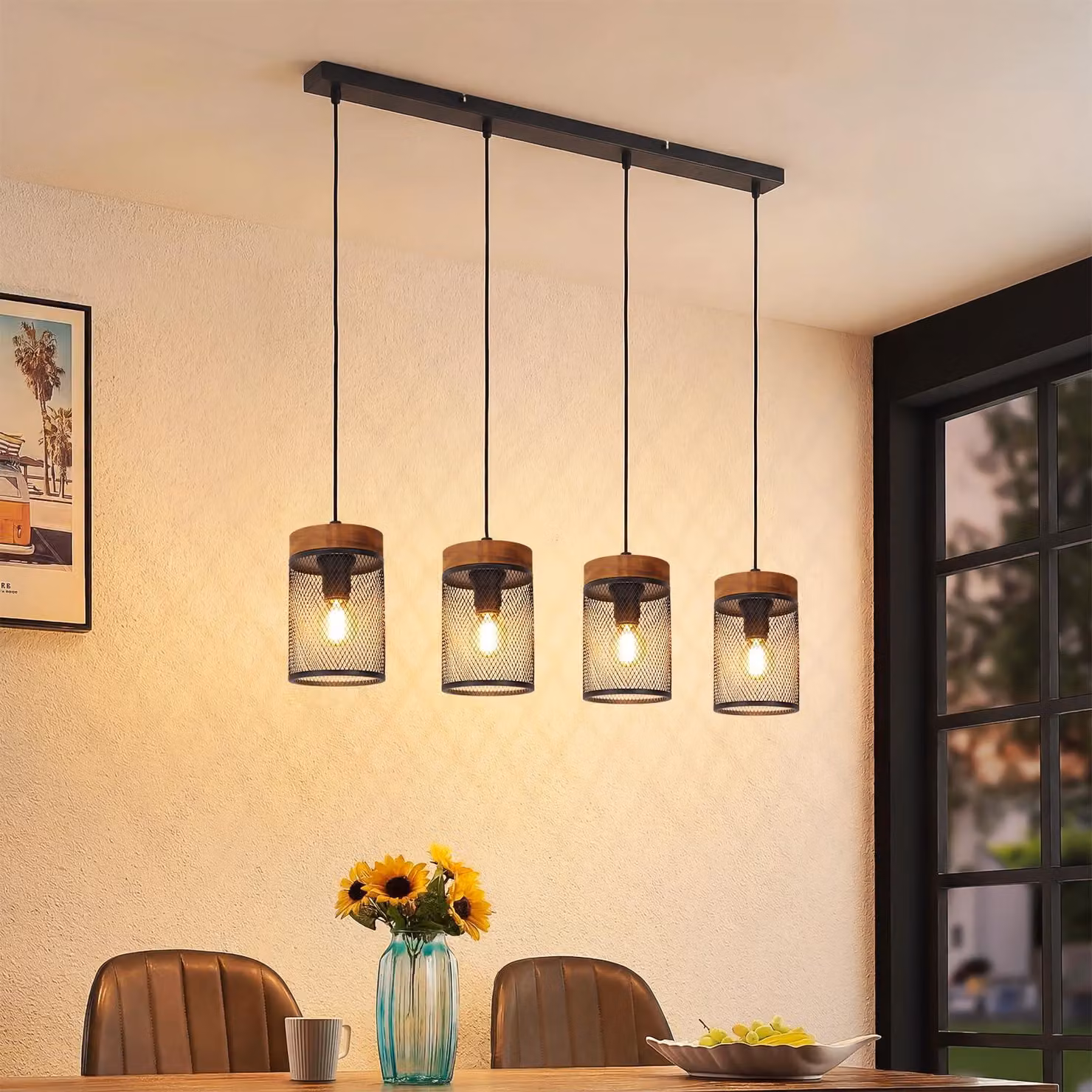 Lampada a sospensione vintage in legno nero, con 4 luci, dal design retrò, e portalampada metallico E14