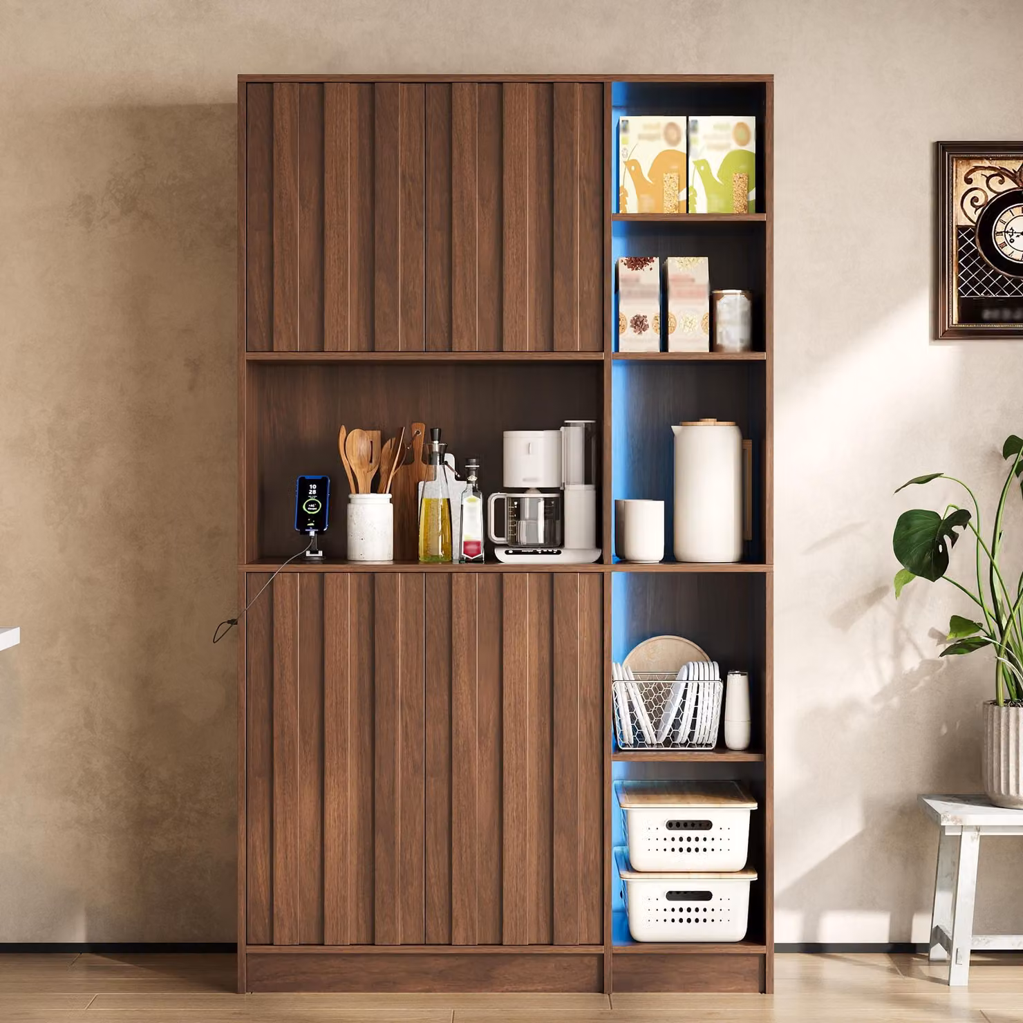 Armadio da cucina Flieks con illuminazione a LED, mobile alto con prese elettriche, credenza 105x40x180 cm, mobile alto contenitore, noce