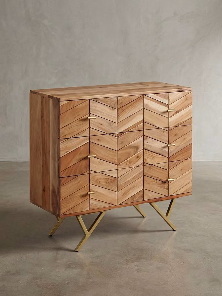 Credenza rustica con motivo insolito, legno massello di acacia, stile country. 90x40x86 cm | Kadima Design