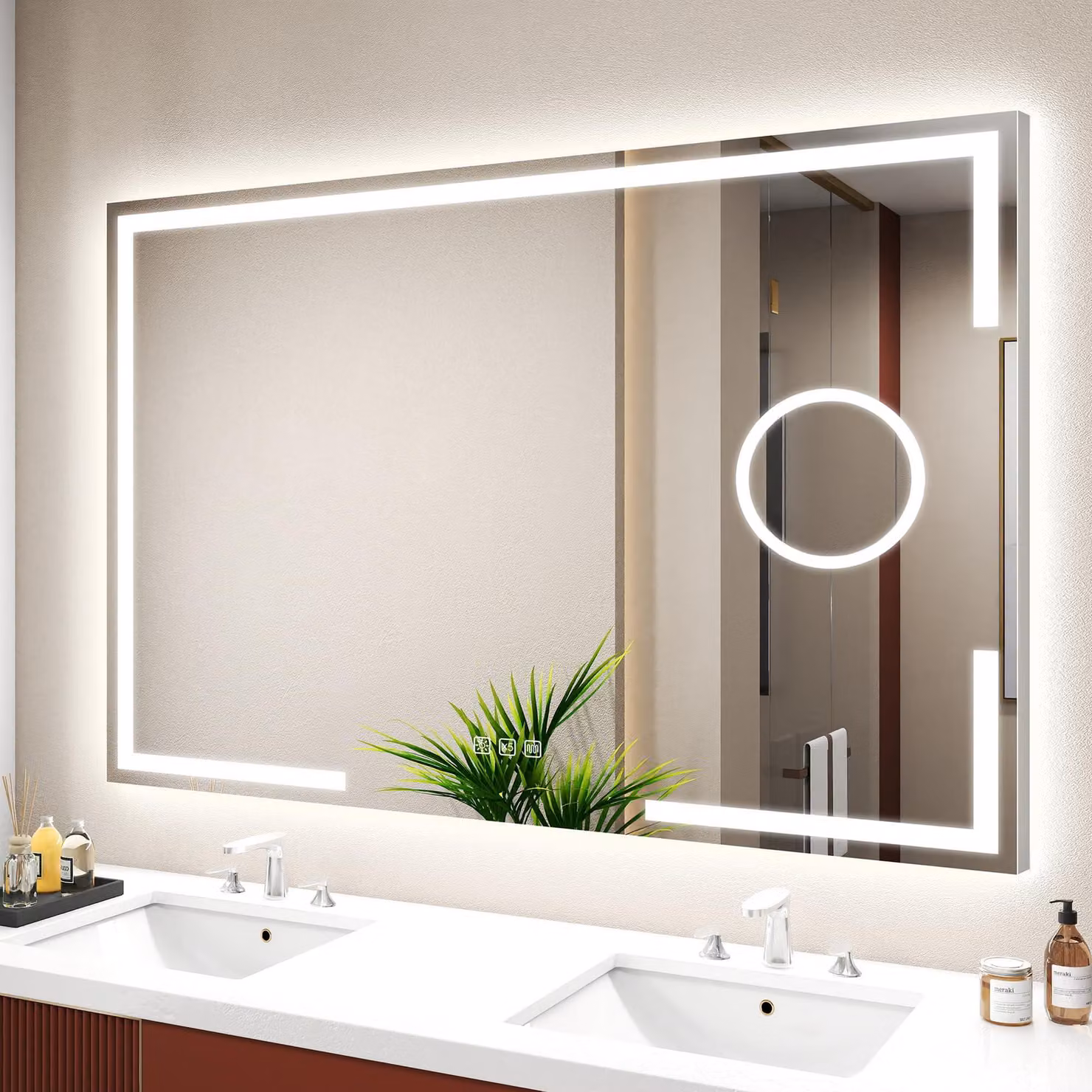 Specchio da bagno a LED, dimensioni 120x70 cm, ingrandimento 5x, cornice in alluminio, con funzione di regolazione dell'intensità luminosa