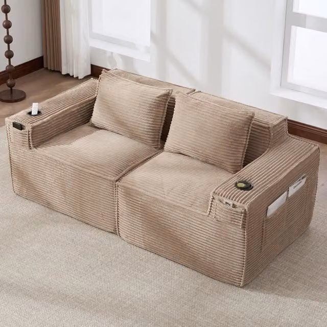 Divano Modulare REDOM a 2 Posti in Velluto a Costine Beige L: 188 cm, P: 90 cm, H: 75 cm