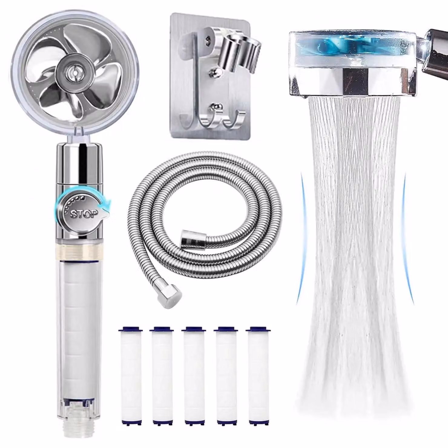 Doccetta manuale - Ugello doccia - Rotazione a 360° - Getto turbo - Risparmio idrico - Alta pressione - Tubo flessibile e supporto - Set argentato