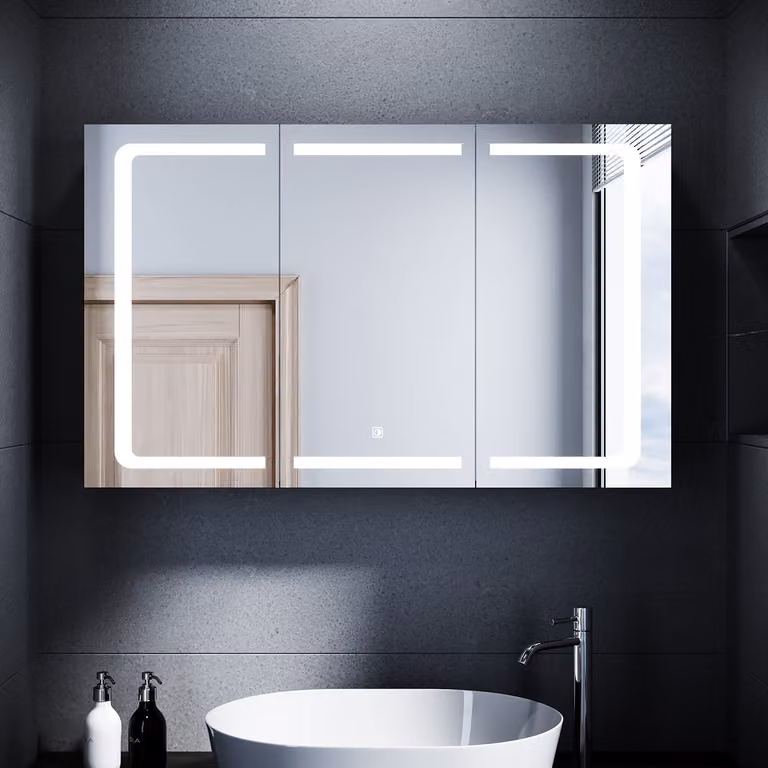 SONNI Armadio a specchio in acciaio inox con ripiano e illuminazione, mobile da bagno a 3 ante, con presa per rasoio 105x65x13cm