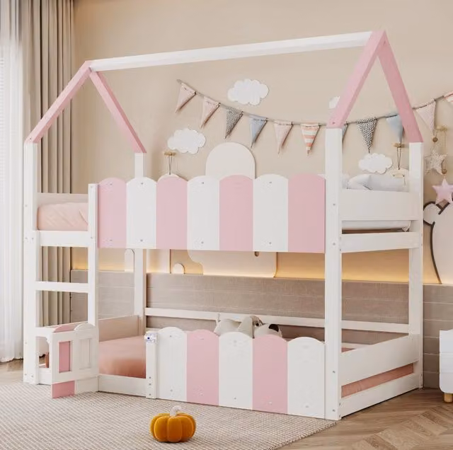 Letto a castello per bambini a forma di casa 90x200 cm; bianco e rosa in legno