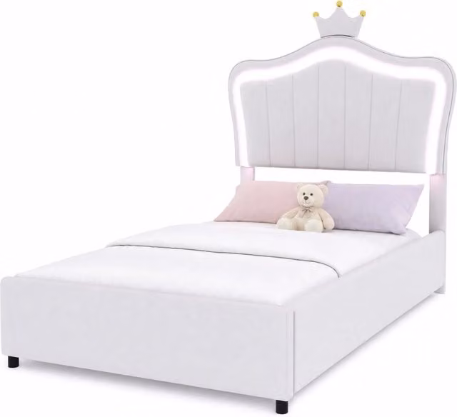 Letto singolo per bambini 90x200 cm con contenitore idraulico e LED; bianco
