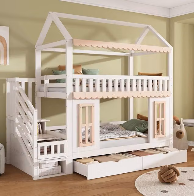 Letto a castello 90x200 cm bianco e naturale in legno con cassetti